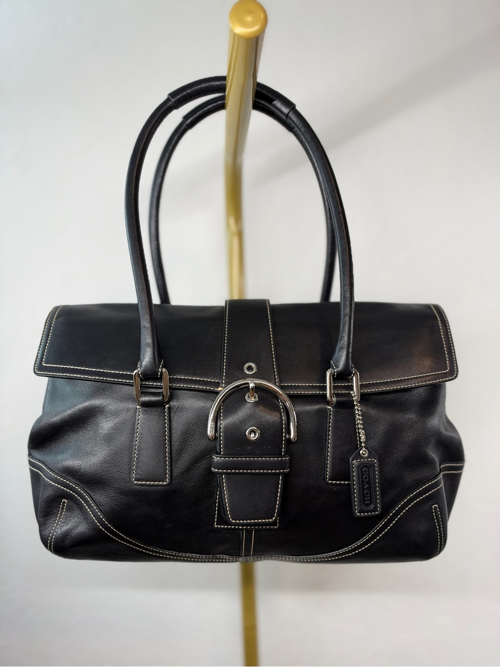 Coach Black Leather Buckle Satchel with Contrast Stitching